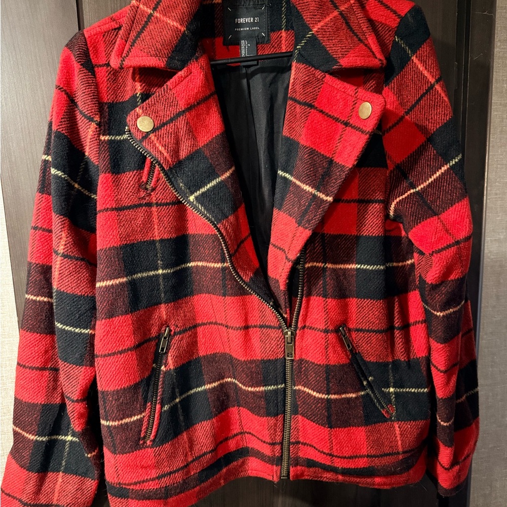 Forever 21 Red and Black Plaid Bomber Jacket